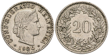 Швейцария 20 раппенов 1920 В KM 29 никель 4576-957