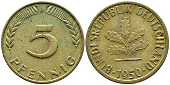 ФРГ 5 ПФЕННИГОВ 1950 J KM 107, J.382 сталь плакированная латунью 4392-448
