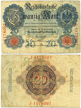 ГЕРМАНИЯ 20 МАРОК 1910 7 ЦИФР В НОМЕРЕ Pick 40b бумага 7547-49-1