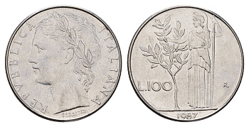 Италия 100 лир 1987 R, Афина в доспехах KM 96.1 нержавеющая сталь 4119-543