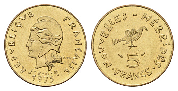 Новые Гебриды 5 франков 1975 KM 6.2 медь алюминий никель UNC 87-1134