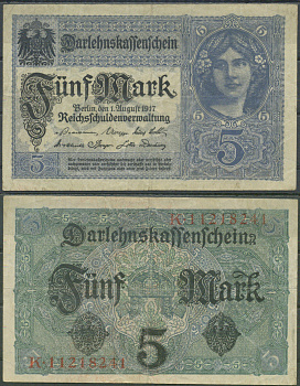 Германия 5 марок 1917 Pick 56 бумага 6285-59-1-1