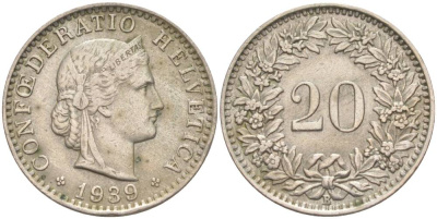 ШВЕЙЦАРИЯ 20 РАППЕНОВ 1939 В KM 29a медно-никель 55-647