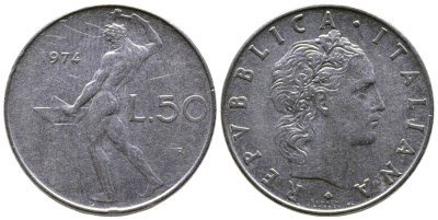 Италия 50 лир 1974 R, бог огня Вулкан у наковальни KM 95.1 нержавеющая сталь 85-156