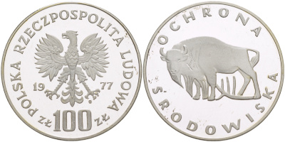Польша 100 злотых 1977 MW, серия охрана окружающей среды, зубр KM 87, Parchimowicz 276 серебро PROOF 1085-1-11