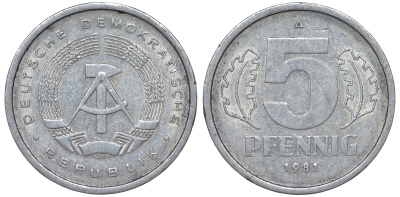 ГДР 5 пфеннигов 1981 A KM 9.2 алюминий 62-432