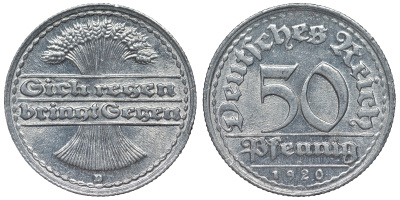 Германия 50 пфеннигов 1920 D KM 27, J. 301, Weege 10 алюминий 4119-524