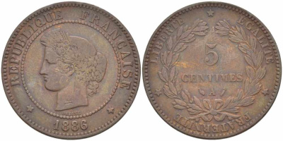 ФРАНЦИЯ 5 САНТИМОВ 1886 A, ТРЕТЬЯ РЕСПУБЛИКА (1871-1940) KM 821.1, LE FRANC 118.29 бронза 108-732