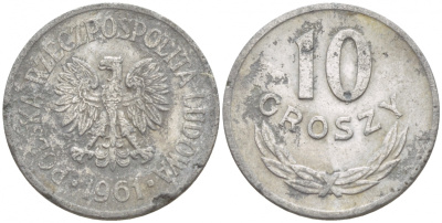 ПОЛЬША 10 ГРОШЕЙ 1961 MW KM АА47 алюминий 4549-257