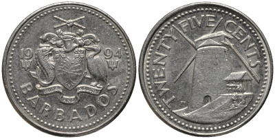 Барбадос 25 центов 1994 ветряная мельница Моргана Льюиса KM 13 медно-никель 4577-1152