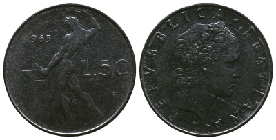 ИТАЛИЯ 50 ЛИР 1963 КУЗНЕЦ KM 95.1 сталь 4384-1115