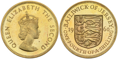 Джерси 1/4 шиллинга 1960 герб, Елизавета II (1952-), тираж 4200 экз KM 22 никель латунь PROOF 4582-356