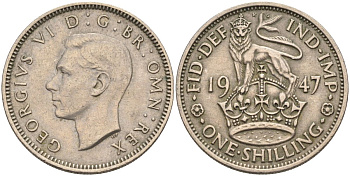Великобритания 1 шиллинг 1947 Георг VI (1936-1952), Английский герб KM 863, Spink 4103 медно-никель 4126-431