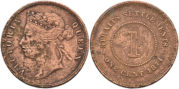 Стрейтс-Сетлментс 1 цент 1874 Виктория (1837-1901), Ост-Индская компания KM 9 медь 4590-345