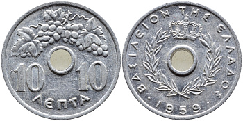 ГРЕЦИЯ 10 ЛЕПТА 1959 ПАВЕЛ I (1947-1964), ВИНОГРАДНАЯ ГРОЗДЬ KM 78 алюминий 4390-222