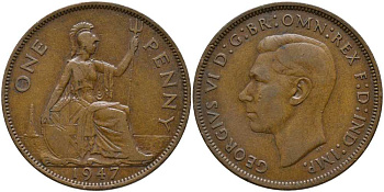 Великобритания 1 пенни 1947 Георг VI (1936-1952) КМ 845, Spink 4114 бронза 115-431
