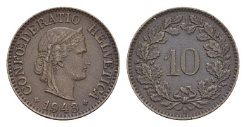 Швейцария 10 раппенов 1943 B KM 27 медно-никель 4609-544