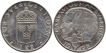 Швеция 1 крона 1992 Карл XVI Густав (1973- ) KM 852a медно-никель 4384-1153