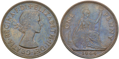 Великобритания 1 пенни 1964 Елизавета II (1952-2022) KM 897, Spink 4157 бронза    4157-943