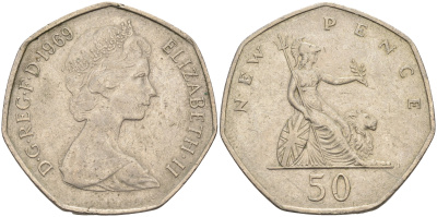 Великобритания 50 пенсов 1969 Елизавета II (1952-2022) KM 913, Spink 4223 (H1) медно-никель 4590-1222