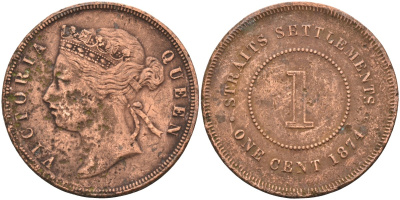Стрейтс-Сетлментс 1 цент 1874 Виктория (1837-1901), Ост-Индская компания KM 9 медь 4590-345