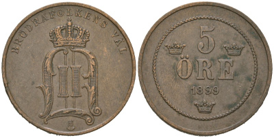 Швеция 5 эре 1899 Оскар II (1872-1907) KM 757 бронза 4171-747
