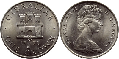 Гибралтар 1 крона 1970 Елизавета II (1952-2022), старый замок KM 4 медно-никель UNC 74-1113