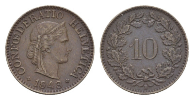 Швейцария 10 раппенов 1943 B KM 27 медно-никель 4609-544