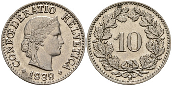 Швейцария 10 раппенов 1939 B KM 27b никель     4189-343