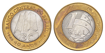 Бразилия 1 реал 2005 40 лет Центральному Банку Бразилии KM 668 биметалл UNC 4646-115