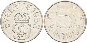 Швеция 5 крон 1983 U, Карл XVI Густав (1973- ) KM 853 медно-никель 4381-1035