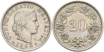 Швейцария 20 раппенов 1968 B KM 29a медно-никель    4161-654