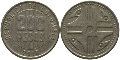 Колумбия 200 песо 2010 KM 287.4, Schon 113, Restrepo 446 никель латунь 4538-433