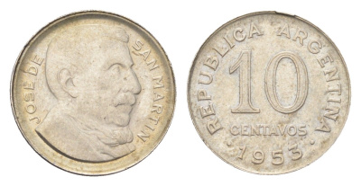 Аргентина 10 сентаво 1953 генерал Хосе де Сан Мартин KM 47a сталь плакированная никелем 4664-158