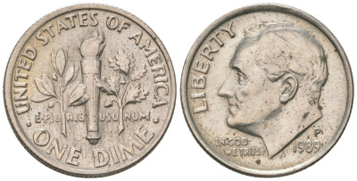 США 10 центов (дайм) 1989 P, президент Рузвельт KM 195a медь плакированный медно-никелем aUNC 4564-616