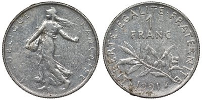 Франция 1 франк 1991 сеятель KM 925.1, Le Franc 226.36 никель 4128-436