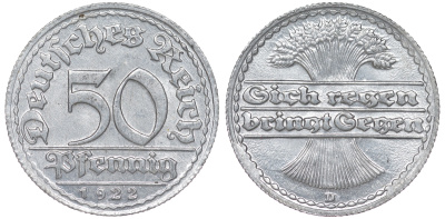 Германия 50 пфеннигов 1922 D KM 27, J. 301 алюминий aUNC 4145-1154