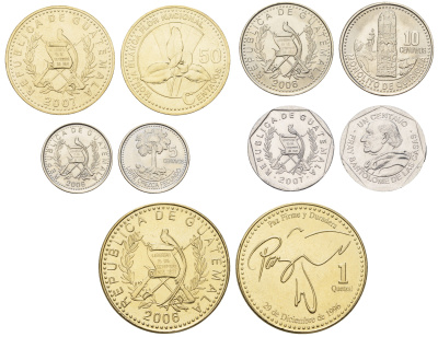 Гватемала набор из 5 монет (1, 5, 10 и 50 сентаво; 1 кетсаль) 2006 и 2007 KM 276, 277, 282, 283 и 284 UNC M71-12