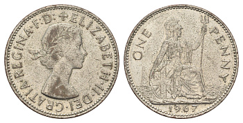 Великобритания 1 пенни 1967 Елизавета II (1952-2022) KM 897, Spink 4157 бронза, посеребрение 4526-441