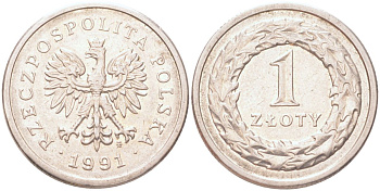 Польша 1 злотый 1991 Y 282 медно-никель UNC 4122-646