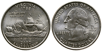 США 25 центов = квотер 2000 Р, серия штаты США, Вирджиния KM 309 медь плакированная медно-никелем 56-317