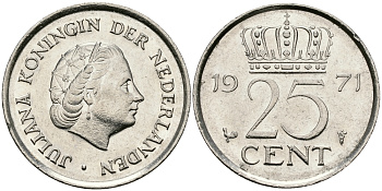 НИДЕРЛАНДЫ 25 ЦЕНТОВ 1971 ЮЛИАНА KM 183 никель 96-226