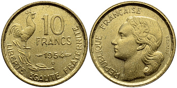 Франция 10 франков 1954 В, петух KM 915.2, Le Frank 363.11 алюминиевая бронза 4393-1151