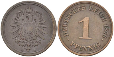 ГЕРМАНИЯ 1 ПФЕННИГ 1876 A, СТАРОГЕРБОВКА KM 1, J. 1, Weege 1 медь 206-1044