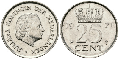 НИДЕРЛАНДЫ 25 ЦЕНТОВ 1971 ЮЛИАНА KM 183 никель 96-226