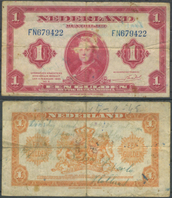 Нидерланды 1 гульден 1943 Pick 64 бумага 8622-37-2-1