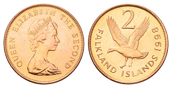 Фолклендские острова (Фолкленды) 2 пенса 1998 Елизавета II (1952-2022), магелланов гусь KM 3 сталь плакированная медью  UNC  4675-545