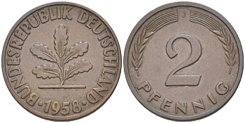 ФРГ 2 ПФЕННИГА 1958 J KM 106, J. 381 бронза 4181-719