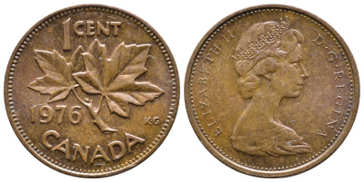 Канада 1 цент 1976 Елизавета II (1952-2022), кленовый лист KM 59.1 бронза 177-1014