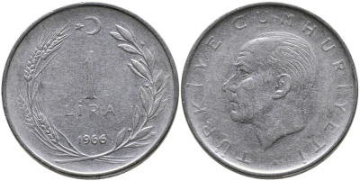 Турция 1 лира 1966 Мустафа Кемаль Ататюрк KM 889а.1 нержавеющая сталь 4541-1234